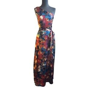 Nicole Miller NY Floral Silky Split Leg One Shoulder Maxi Dress Belted Size 6